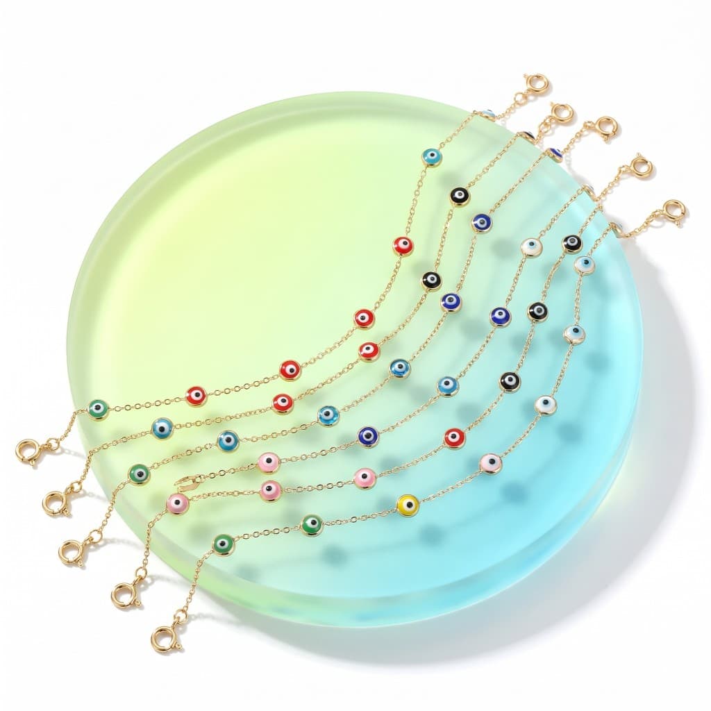 Solid 14K gold evil eye charm bracelets in multiple enamel colors on a frosted gradient disc.